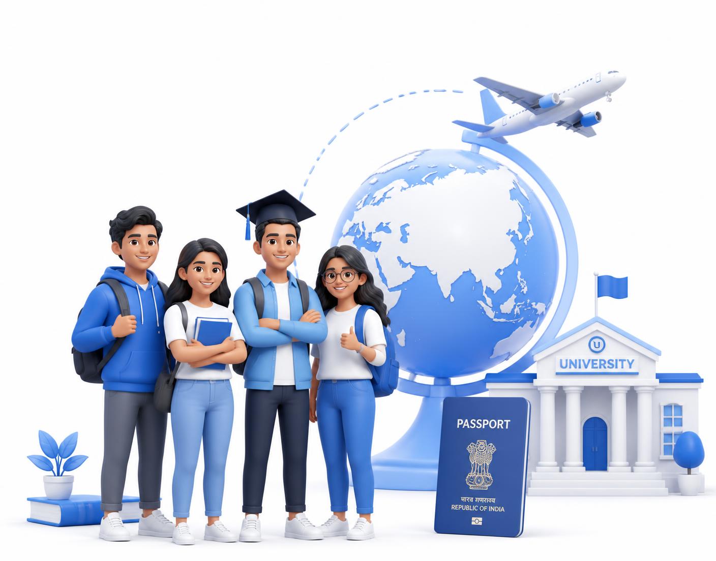 Indian students with a globe, graduation cap, passport, airplane and university building